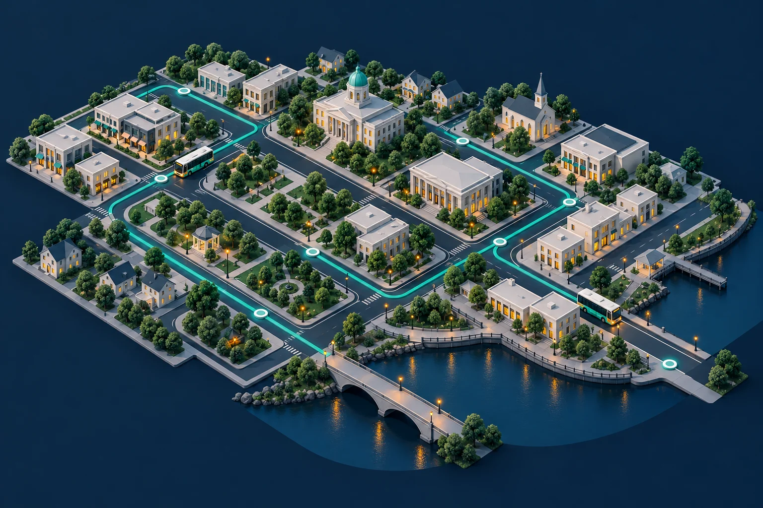 Illustrated small-city street network with teal bus routes connecting neighborhoods, civic buildings and stops.